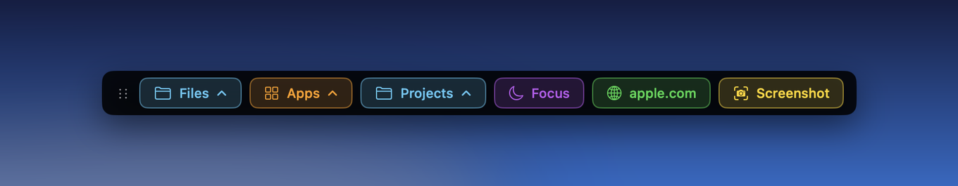 The BarDeck button bar: Files, Apps, Projects, Focus, apple.com and Screenshot buttons in colour-coded groups