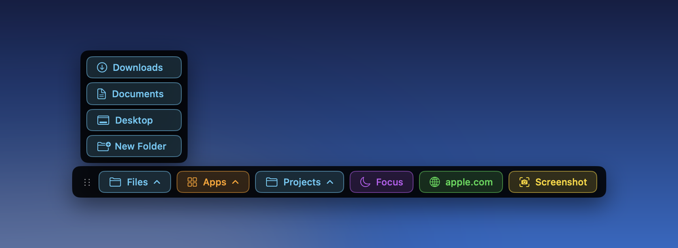 A stack opening above the bar to show Downloads, Documents, Desktop and New Folder