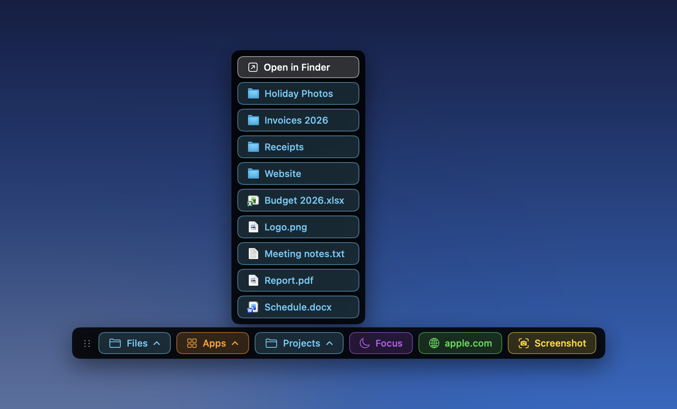 A folder button showing the folders and files inside it, with their icons
