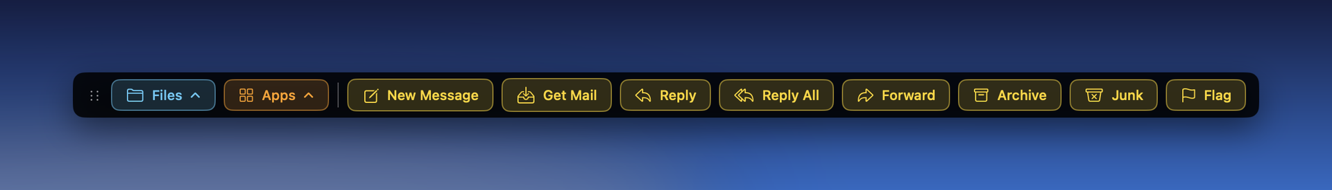 After a divider, a set of Mail buttons: New Message, Get Mail, Reply, Reply All, Forward, Archive, Junk and Flag