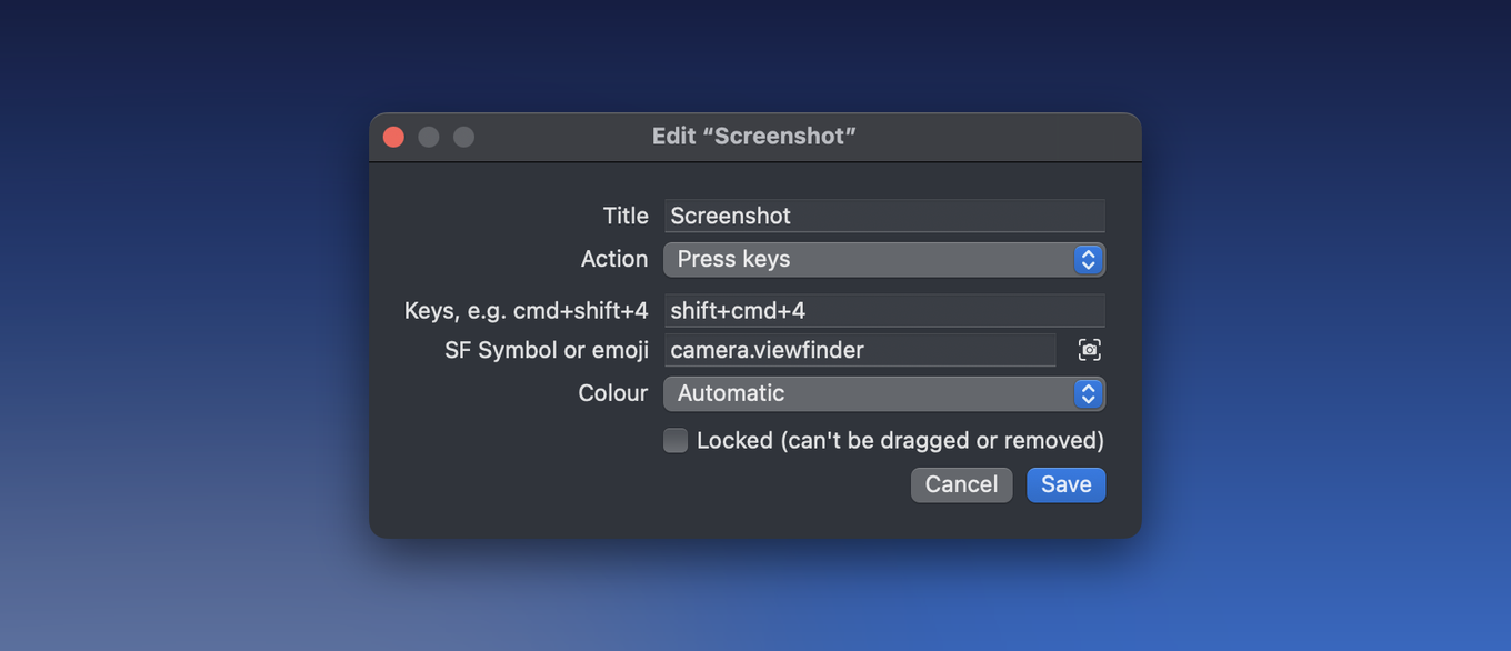 The edit window for a button, with its title, action, keys, icon and colour