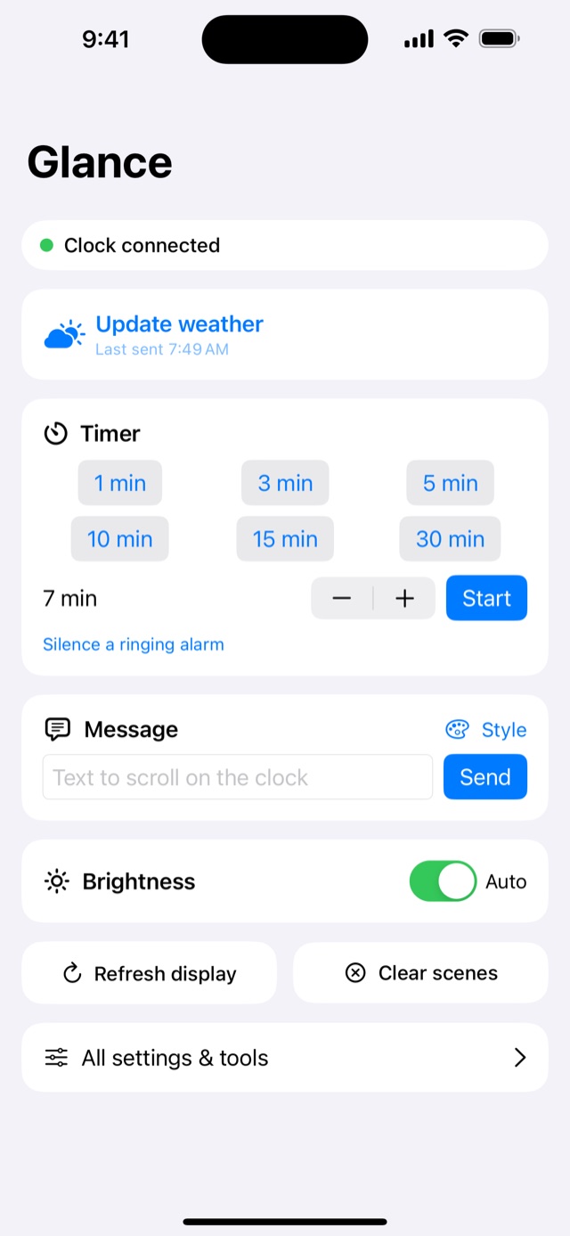 The Glance Bridge quick screen with weather, timer presets, message box and brightness