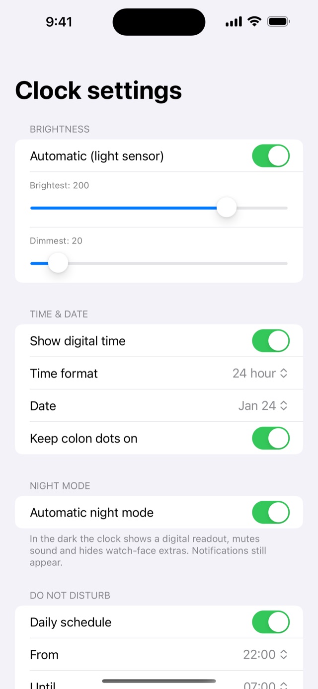 Clock settings: brightness, time and date, night mode and do not disturb