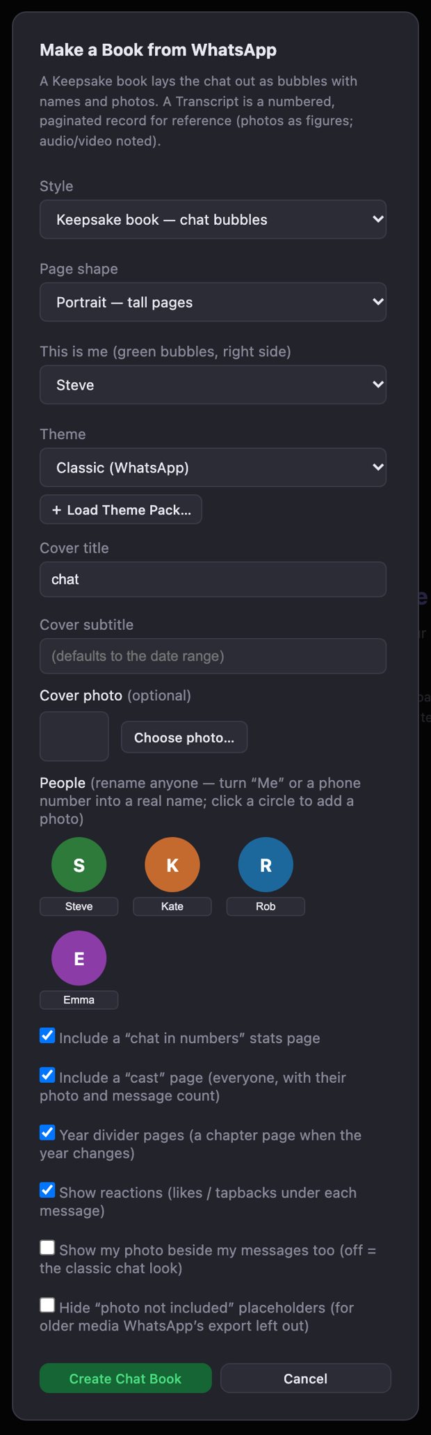 The Make a Book from WhatsApp window with style, page shape, theme, cover and people options