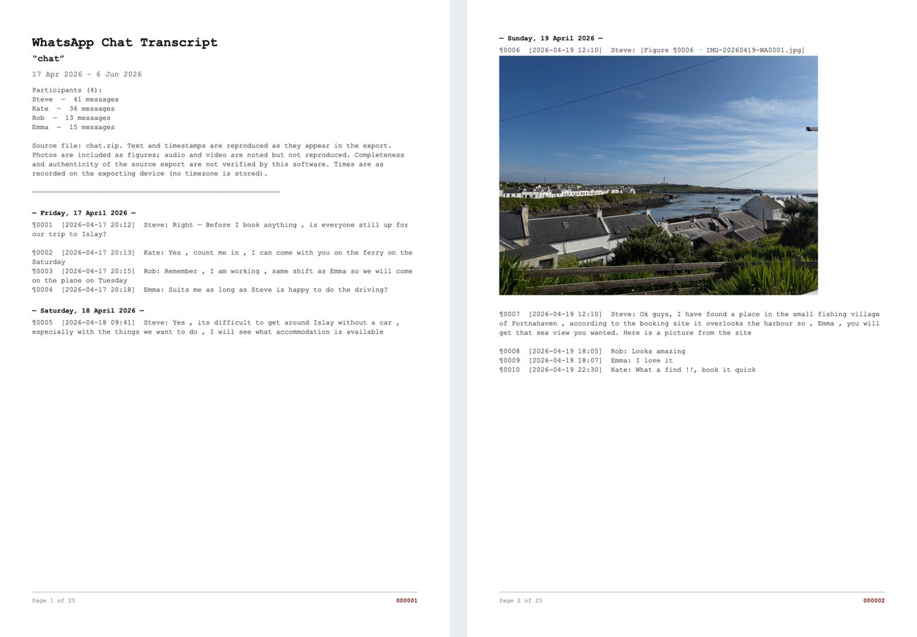 Two pages of a numbered transcript with a photo shown as a figure
