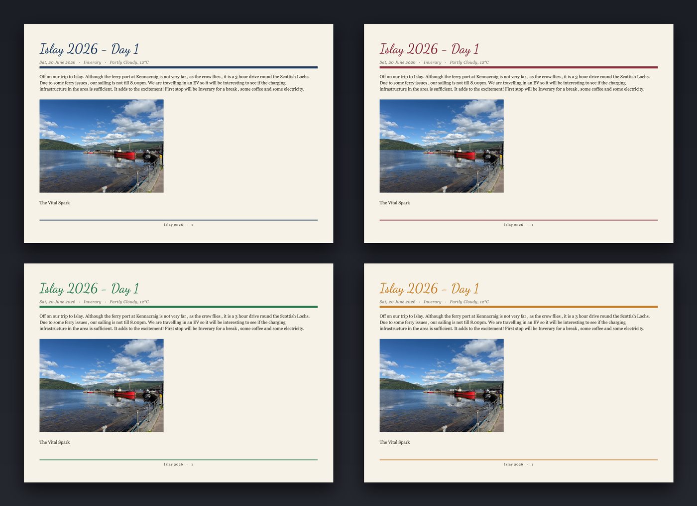 The same journal page in four colours: navy, burgundy, green and amber