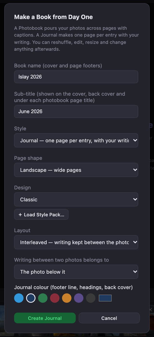 The Make a Book from Day One window with book name, sub-title, style, page shape, design, layout, text pairing and colour options