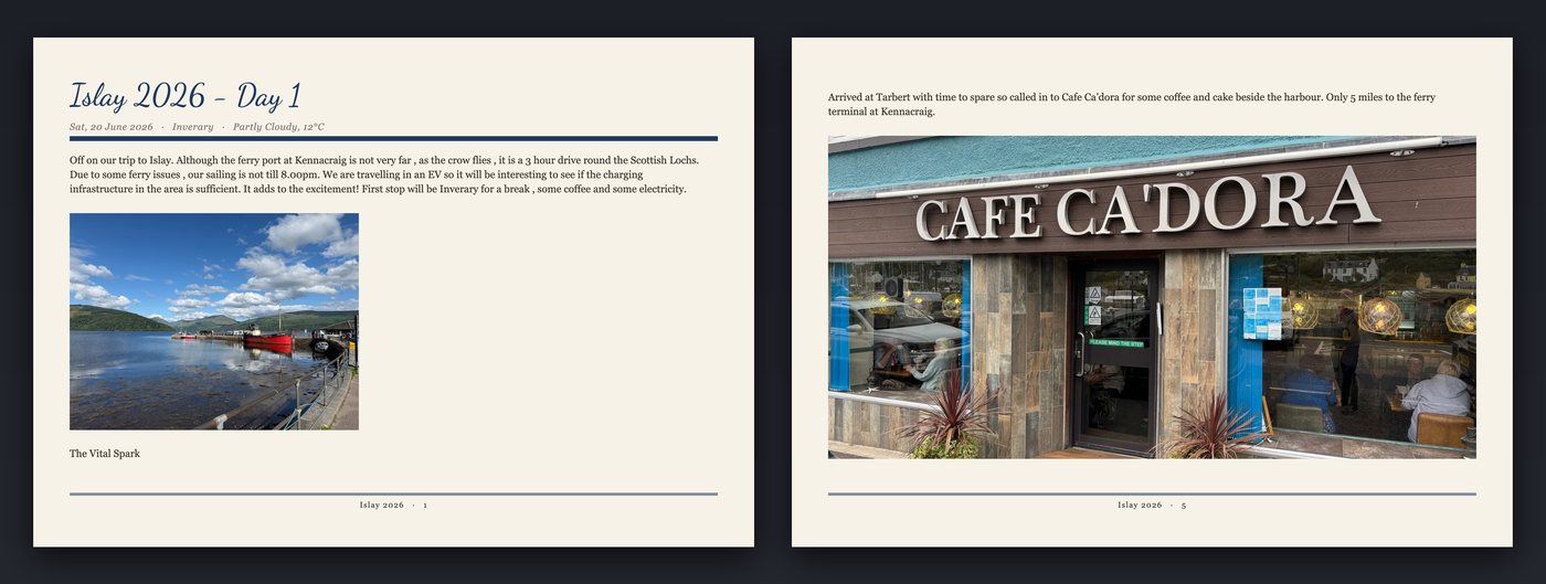 Two journal pages: an entry with a heading, date, place and writing above a photo, and a full-width photo page with a caption