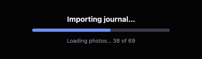The Importing journal progress panel: Loading photos, 38 of 69
