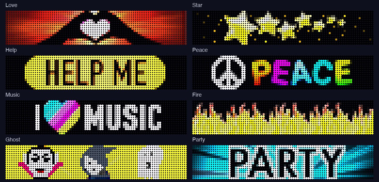 Eight of the built-in Air Display designs drawn as grids of LEDs: Love, Star, Help, Peace, I love Music, Fire, Ghost and Party