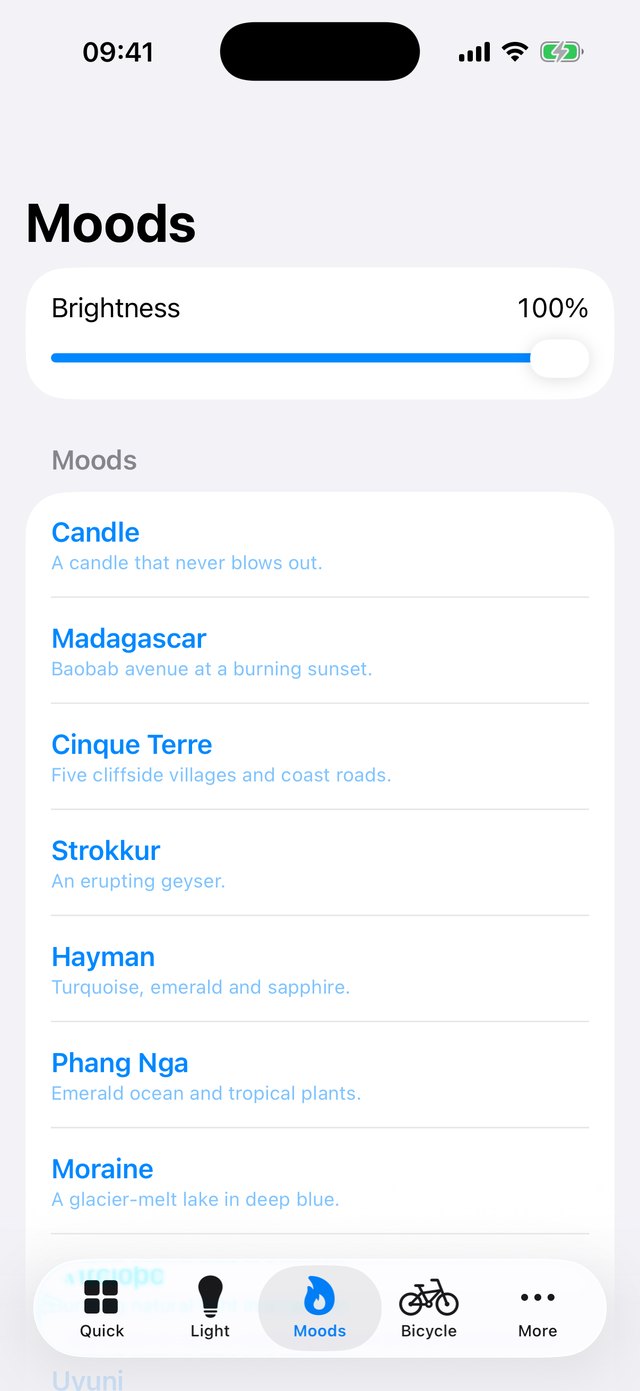 A list of mood animations including Candle, Madagascar, Cinque Terre and Strokkur