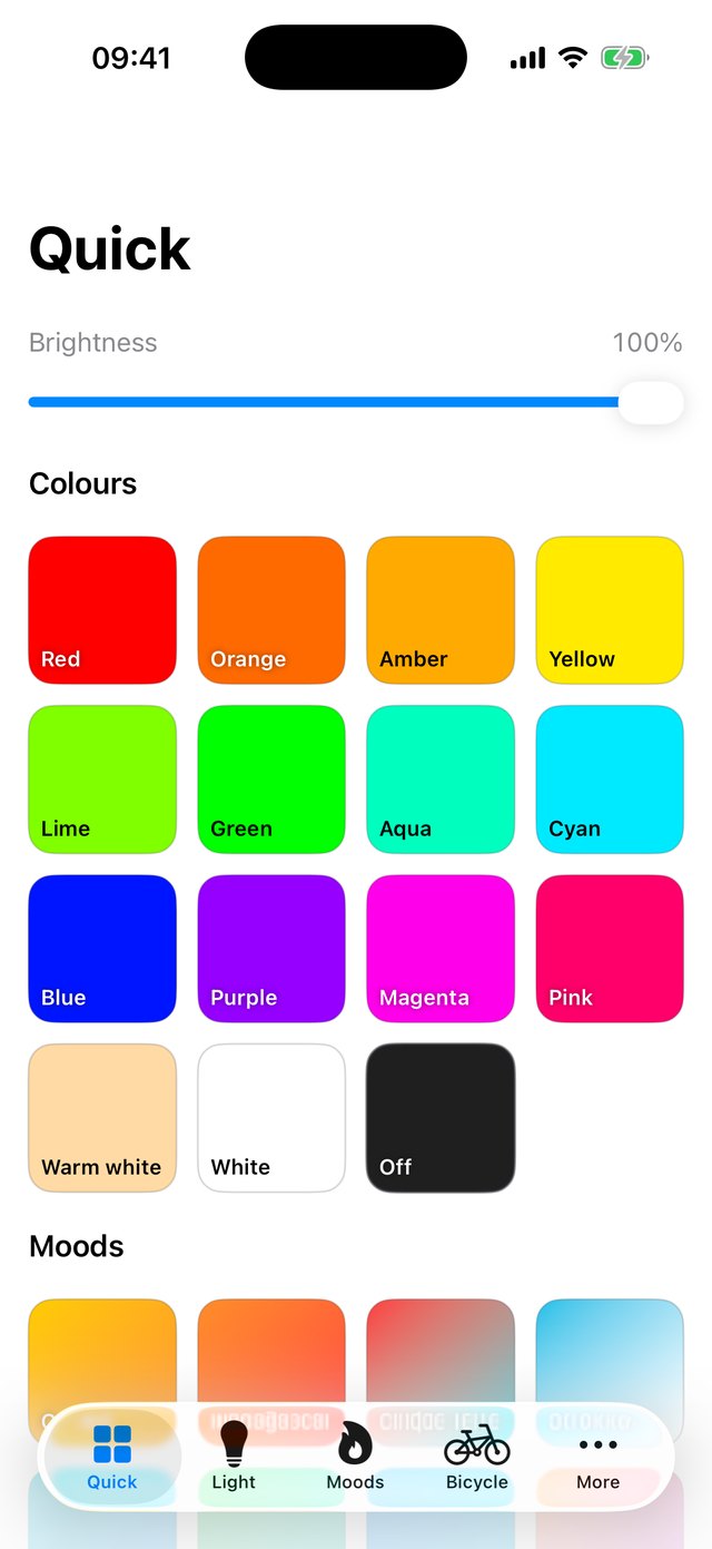 The M-Stick app's quick screen: a grid of colour tiles and mood tiles that light the stick in one tap