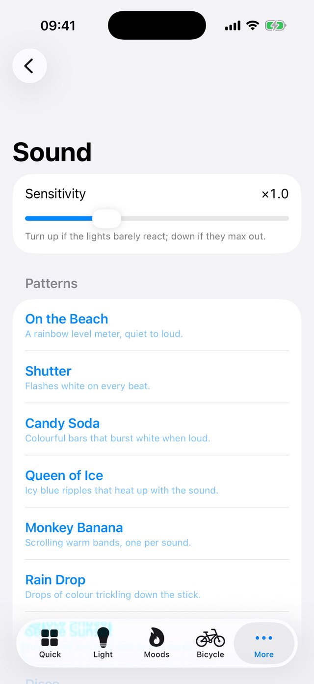 Sound patterns that react to music, with a sensitivity slider
