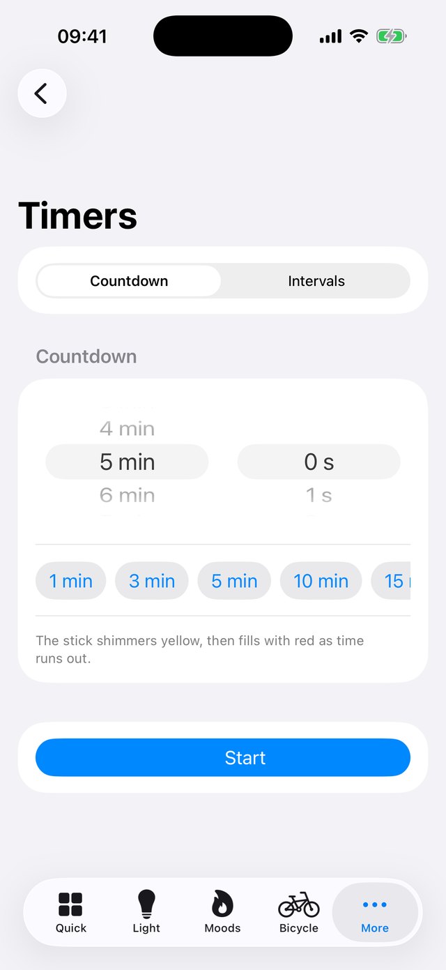 The Timers screen with a countdown picker and preset buttons