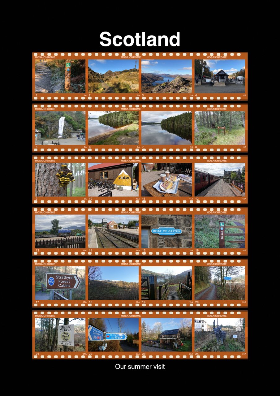Film contact sheet, colour film on a black page
